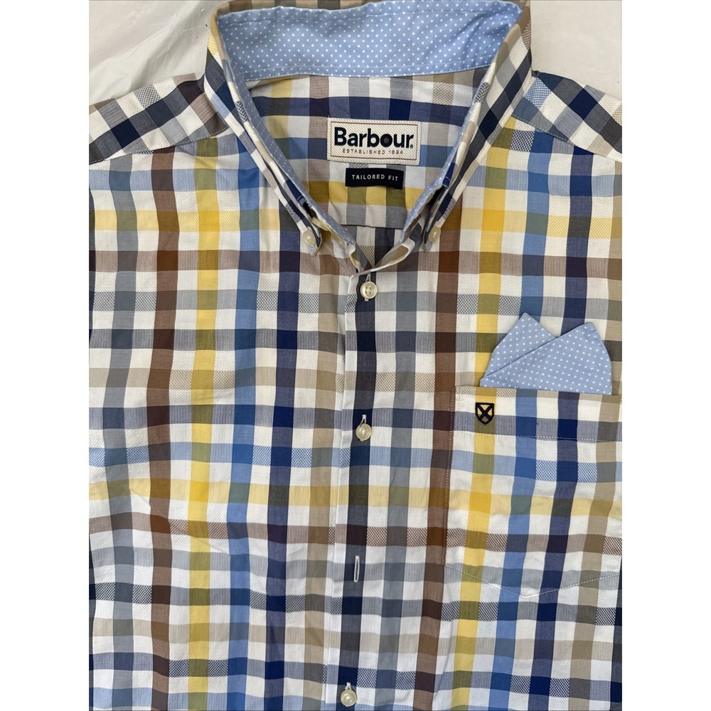 Barbour Tailored Fit Mens S Blue Multicolor Plaid Short Sleeve Button Up Shirt